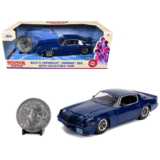 Billy's Chevrolet Camaro Z28 Dark Blue with Collectible Coin "Stranger Things" (2016) TV Series 1/24 Diecast Model Car by Jada