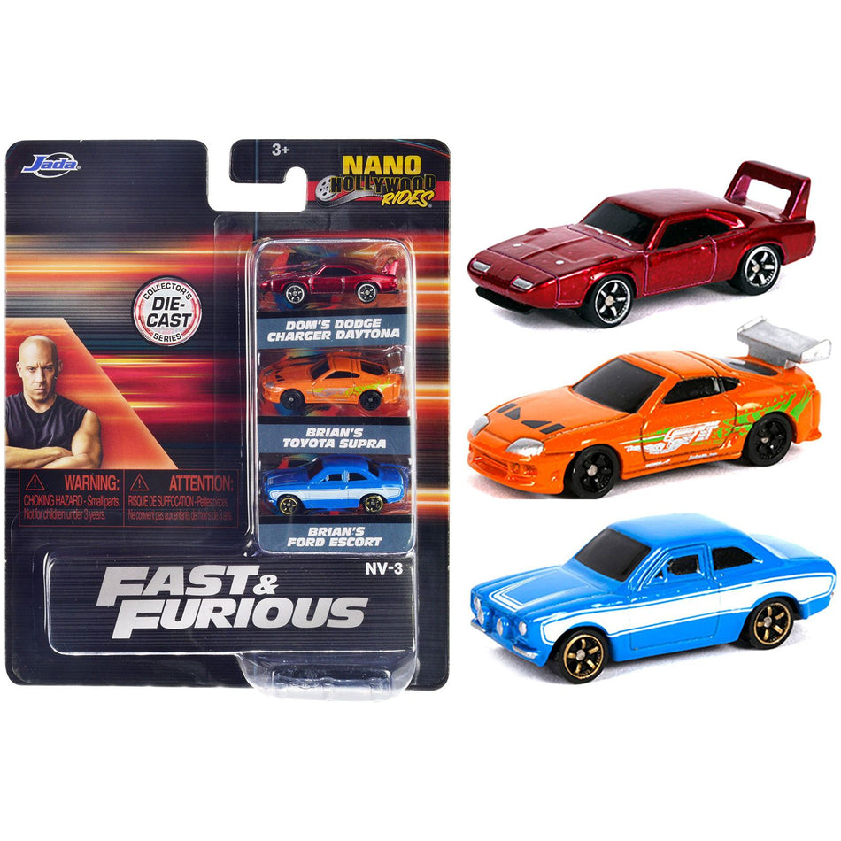 "Fast & Furious" 3 piece Set "Nano Hollywood Rides" Series 1 Diecast Model Cars by Jada