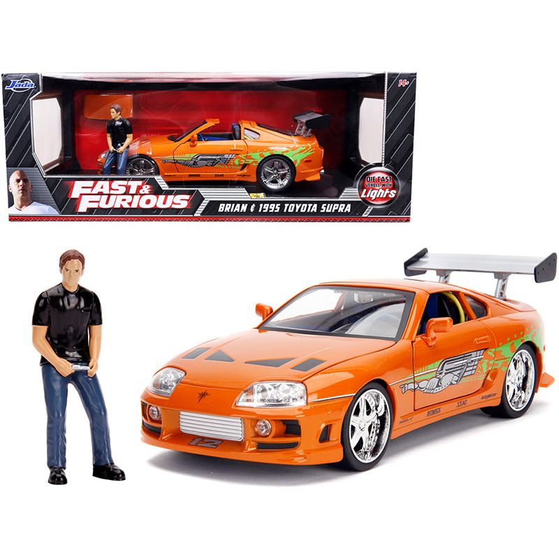 1995 Toyota Supra Orange Metallic with Lights and Brian Figurine "Fast & Furious" Movie 1/18 Diecast Model Car by Jada