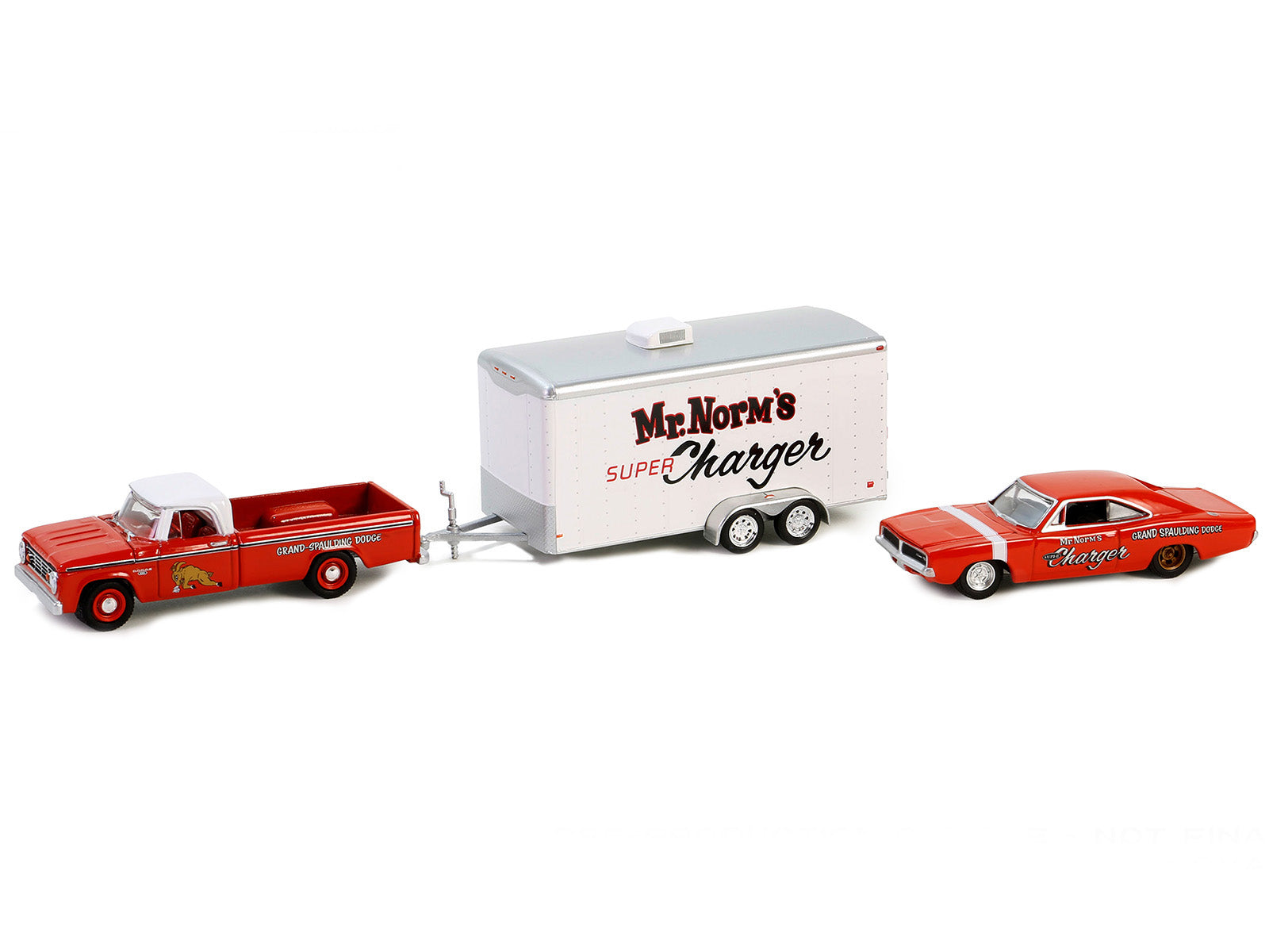 1966 Dodge D-100 Pickup Truck Red with White Top and 1969 Dodge Super Charger Red with White Stripe with Enclosed Car Hauler "Mr. Norm’s Super Charger" "Racing Hitch & Tow" Series 5 1/64 Diecast Model Car by Greenlight