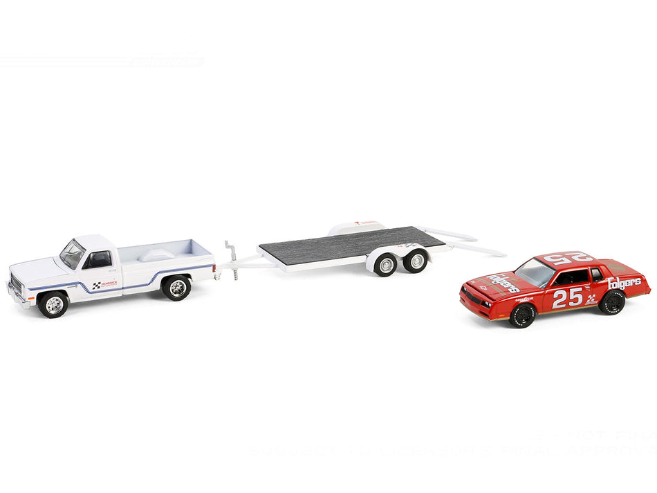 1986 Chevrolet C30 Custom Deluxe Pickup Truck White and 1986 Chevrolet Monte Carlo SS #25 "Folgers Coffee" Red with Flatbed Trailer "Hendrick Motorsports" "Racing Hitch & Tow" Series 5 1/64 Diecast Model Car by Greenlight