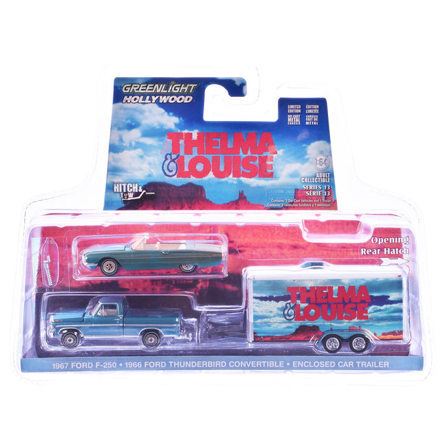 1966 Ford Thunderbird Convertible Blue (Dust Covered) and 1967 Ford F-250 Pickup Truck Blue with Enclosed Car Hauler "Thelma & Louise" (1991) Movie "Hollywood Hitch & Tow" Series 13 1/64 Diecast Model Cars by Greenlight