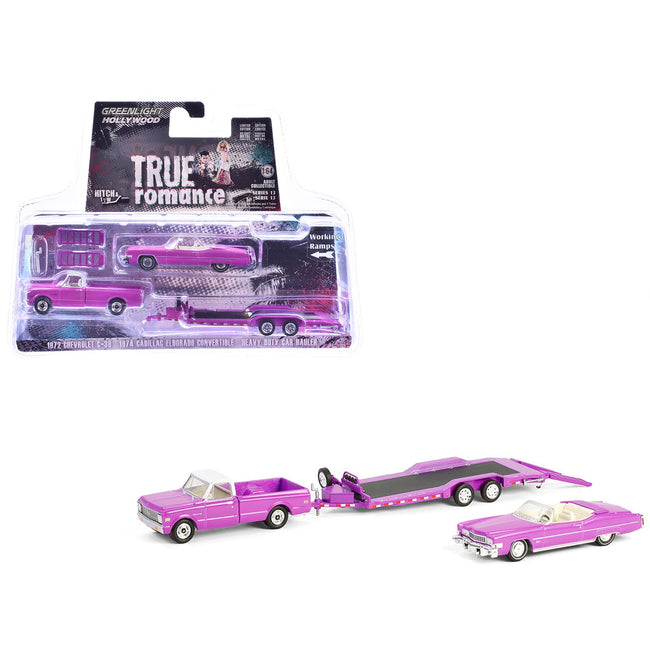 1974 Cadillac Eldorado Convertible Pink and 1972 Chevrolet C-30 Pickup Truck Pink with Heavy Duty Car Hauler "True Romance" (1993) Movie "Hollywood Hitch & Tow" Series 13 1/64 Diecast Model Cars by Greenlight