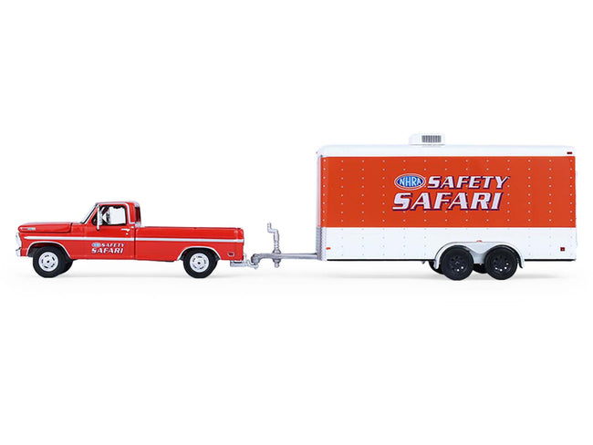1969 Ford F-250 Pickup Truck Red and 1969 Chevrolet Camaro Z28 "Dan Fletcher" Orange with White Hood "NHRA Safety Team" with Enclosed Car Trailer "Racing Hitch & Tow" Series 6 1/64 Diecast Model Cars by Greenlight