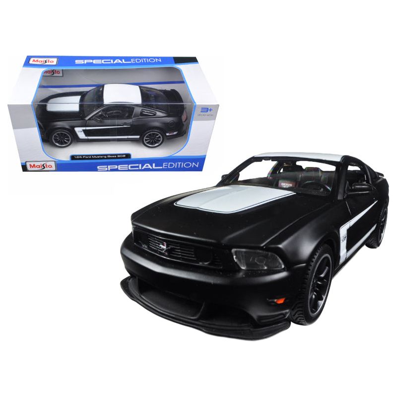 2012 Ford Mustang Boss 302 Matt Black and White 1/24 Diecast Model Car by Maisto