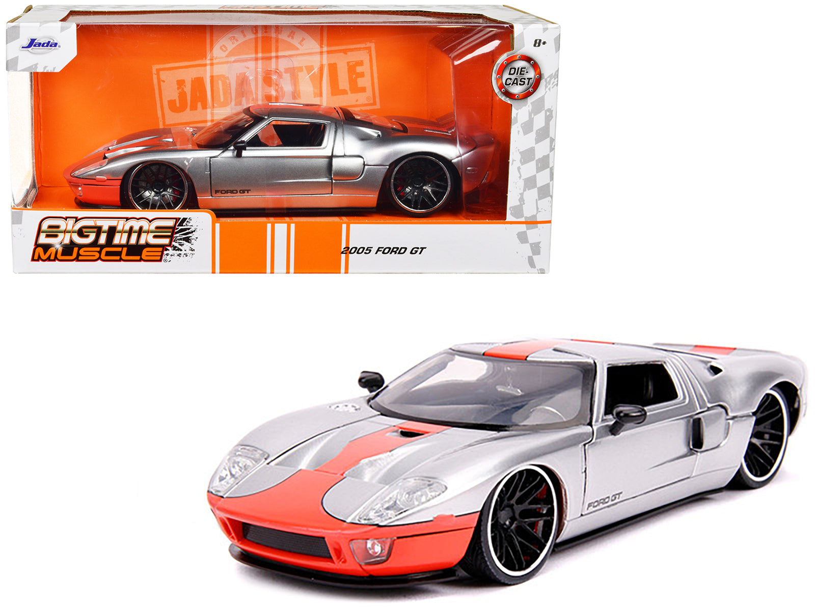 2005 Ford GT Silver with Orange Stripe "Bigtime Muscle" 1/24 Diecast Model Car by Jada