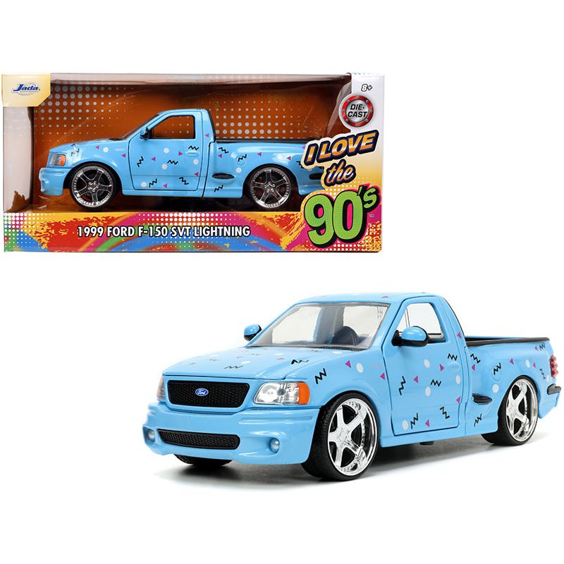 1999 Ford F-150 SVT Lightning Pickup Truck Light Blue with Graphics "I Love the 1990's" Series 1/24 Diecast Model Car by Jada