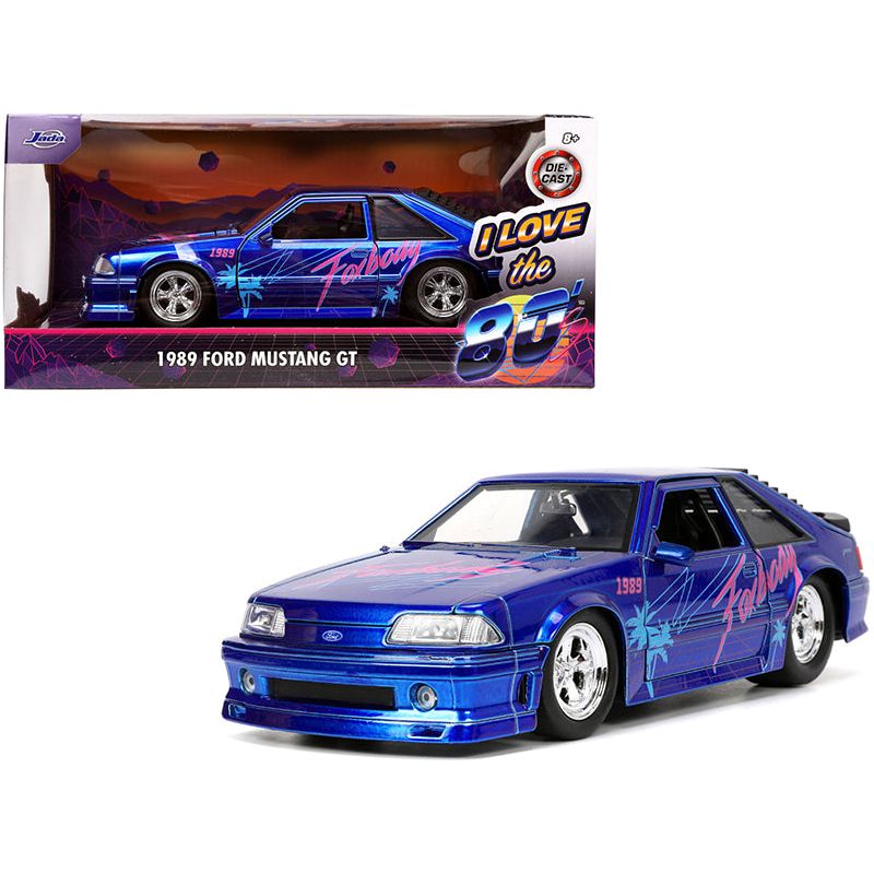 1989 Ford Mustang GT "Fox Body" Candy Blue with Graphics "I Love the 1980's" Series 1/24 Diecast Model Car by Jada