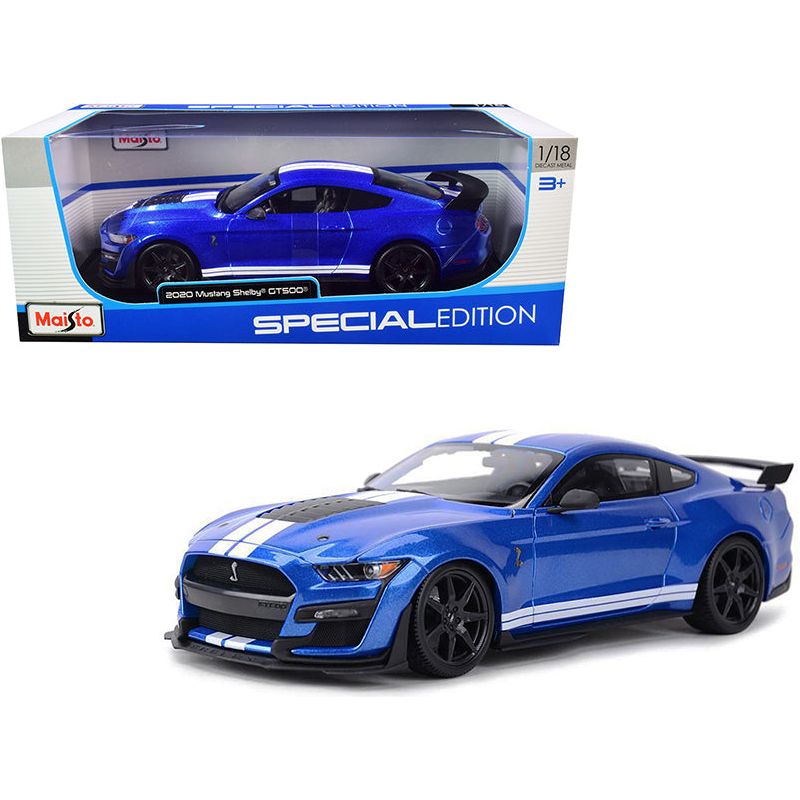 2020 Ford Mustang Shelby GT500 Blue Metallic with White Stripes "Special Edition" 1/18 Diecast Model Car by Maisto