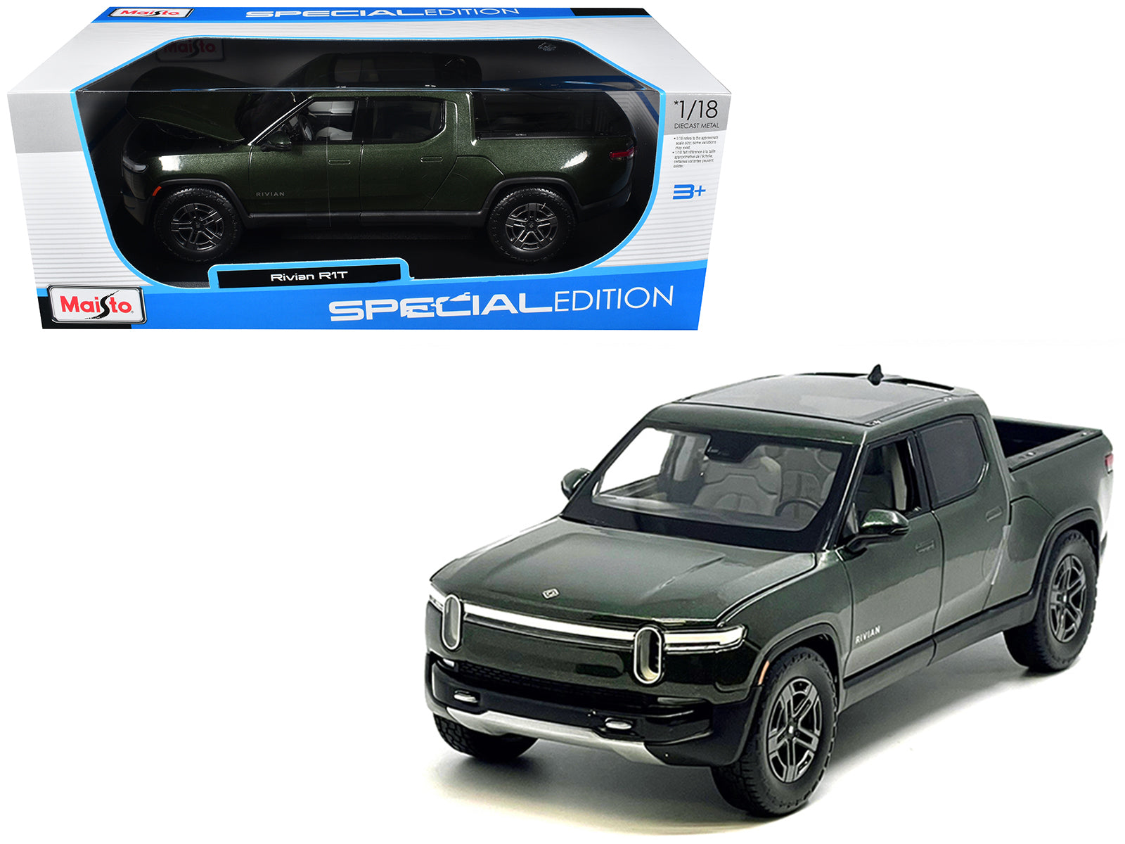 Rivian R1T Pickup Truck Dark Green Metallic with Sunroof "Special Edition" Series 1/18 Diecast Model Car by Maisto