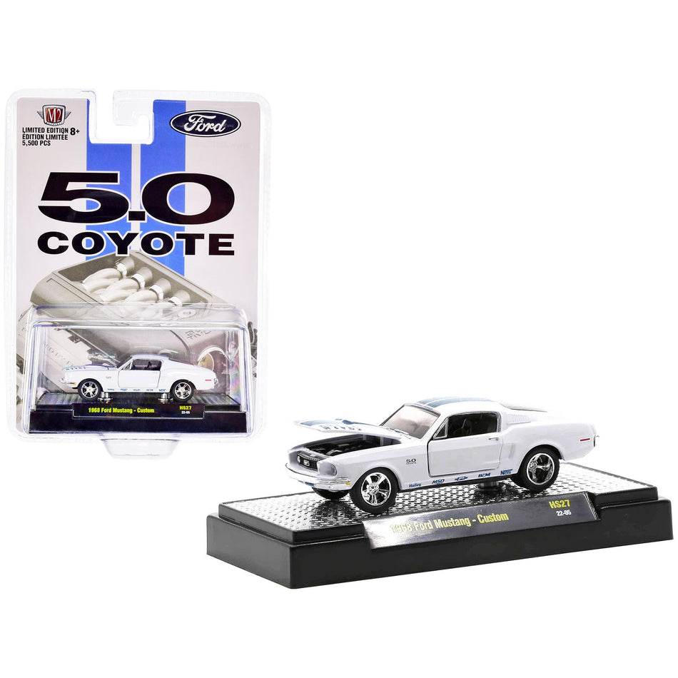 1968 Ford Mustang Custom Platinum Pearl White with Blue Stripes "5.0 Coyote" Limited Edition to 5500 pieces Worldwide 1/64 Diecast Model Car by M2 Machines