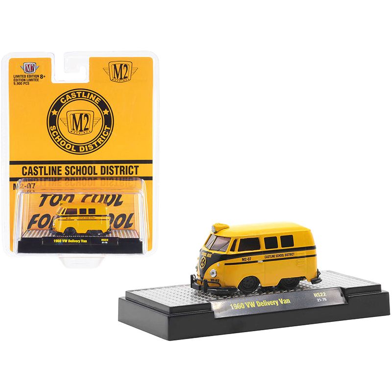 1960 Volkswagen Delivery Van School Bus Yellow with Black Stripes "Castline School District" Limited Edition to 9900 pieces Worldwide 1/64 Diecast Model Car by M2 Machines