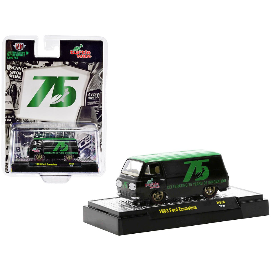 1963 Ford Econoline Van Black with Green Top "Turtle Wax Celebrating 75 Years of Innovation" Limited Edition to 5500 pieces Worldwide 1/64 Diecast Model Car by M2 Machines