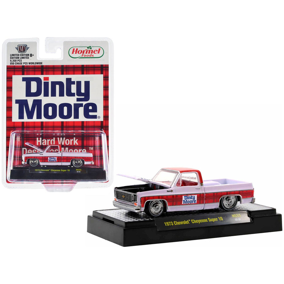 1973 Chevrolet Cheyenne Super 10 Pickup Truck White with Red Top and Red Plaid Stripe "Dinty Moore" Limited Edition to 9350 pieces Worldwide 1/64 Diecast Model Car by M2 Machines