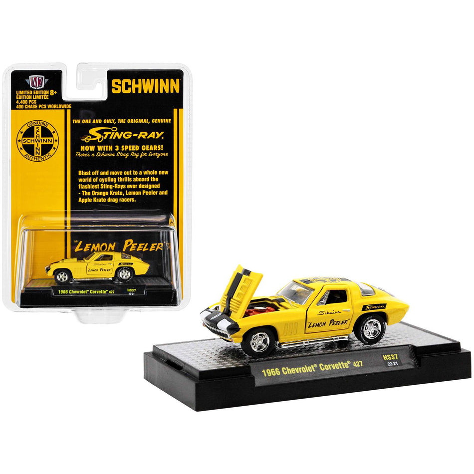 1966 Chevrolet Corvette 427 #68 Yellow with Black Stripes and Graphics "Schwinn Lemon Peeler" Limited Edition to 4400 pieces Worldwide 1/64 Diecast Model Car by M2 Machines