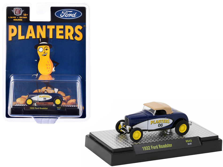 1932 Ford Roadster #06 Blue and White with Tan Soft Top "Planters Peanuts" Limited Edition to 2750 pieces Worldwide 1/64 Diecast Model Car by M2 Machines