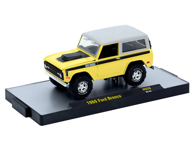 1969 Ford Bronco Yellow with Black Stripes and Gray Top Limited Edition to 6380 pieces Worldwide 1/64 Diecast Model Car by M2 Machines