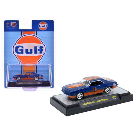 1969 Chevrolet Camaro Custom #20 "Gulf Oil" Dark Blue and Orange Limited Edition to 5500 pieces Worldwide 1/64 Diecast Model Car by M2 Machines