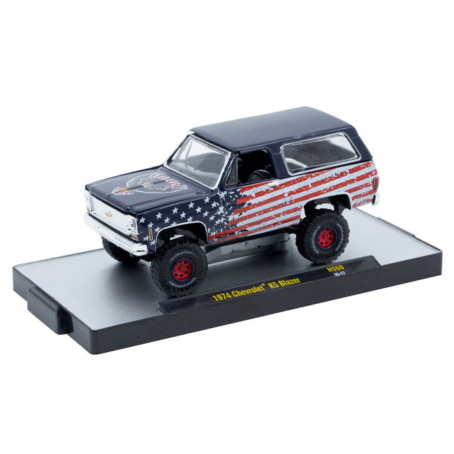 1974 Chevrolet K5 Blazer "Iron Eagle" Dark Blue with American Flag Graphics Limited Edition to 5500 pieces Worldwide 1/64 Diecast Model Car by M2 Machines