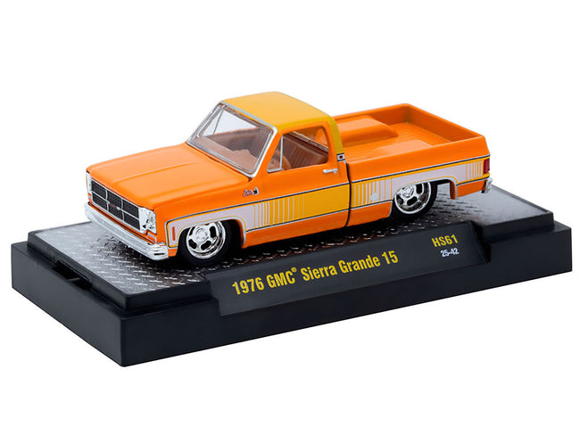 1976 GMC Sierra Grande 15 Pickup Truck Orange and white with Orange Interior Limited Edition to 15994 pieces Worldwide 1/64 Diecast Model Car by M2 Machines