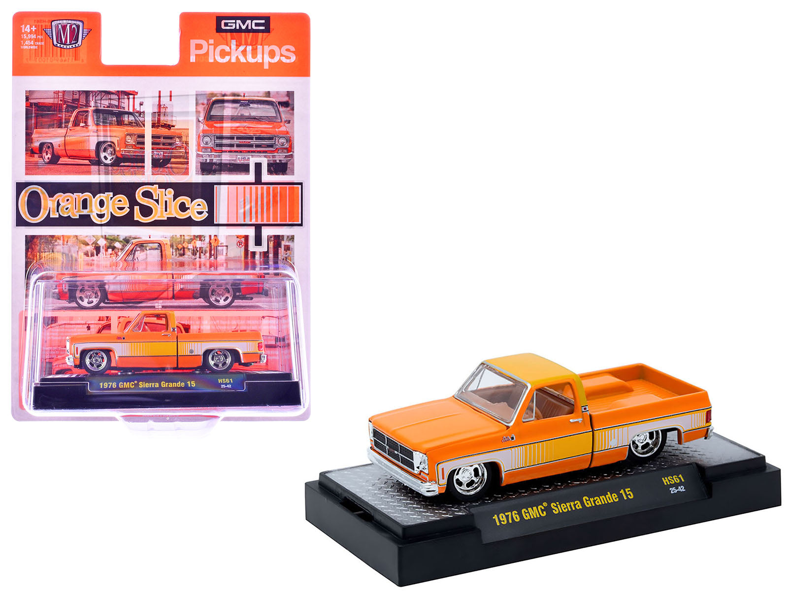 1976 GMC Sierra Grande 15 Pickup Truck Orange and white with Orange Interior Limited Edition to 15994 pieces Worldwide 1/64 Diecast Model Car by M2 Machines