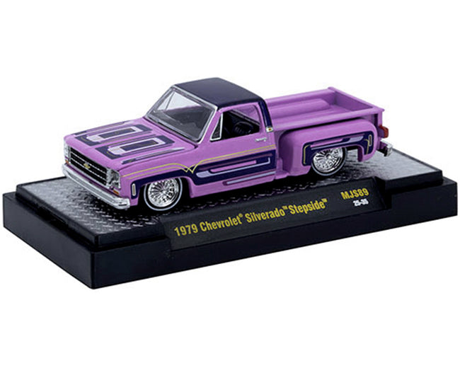 1979 Chevrolet Silverado Stepside Pickup Truck Pink with Purple Top and Graphics Limited Edition to 9350 pieces Worldwide 1/64 Diecast Model Car by M2 Machines