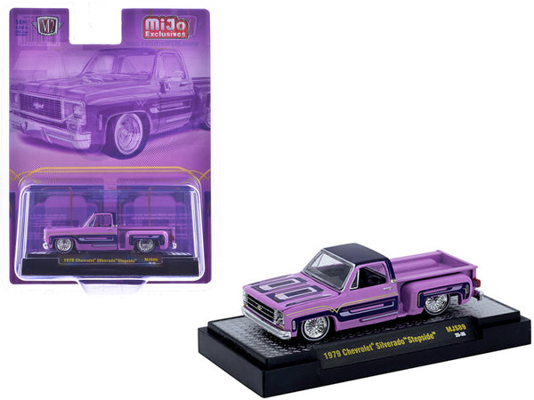 1979 Chevrolet Silverado Stepside Pickup Truck Pink with Purple Top and Graphics Limited Edition to 9350 pieces Worldwide 1/64 Diecast Model Car by M2 Machines