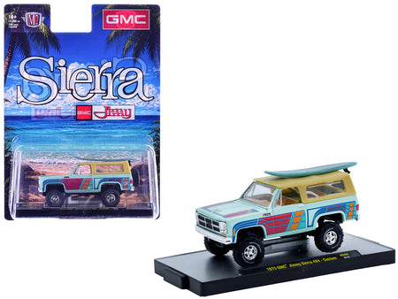 1975 GMC Jimmy Sierra 4x4 Light Blue with Graphics and Tan Top with Surfboard Limited Edition to 10560 pieces Worldwide 1/64 Diecast Model Car by M2 Machines