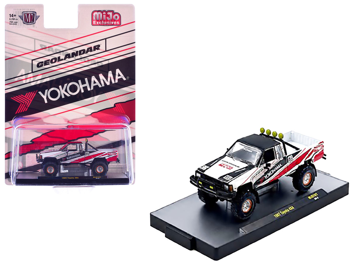 1985 Toyota SR5 4×4 Pickup Truck #85 "Yokohama" White with Black Top and Red and Black Graphics Limited Edition to 8250 pieces Worldwide 1/64 Diecast Model Car by M2 Machines