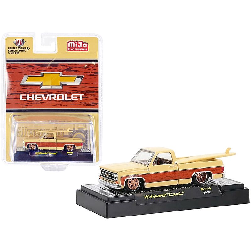 1979 Chevrolet Silverado Pickup Truck with Surfboard Tan with Wood Grain Limited Edition to 5500 pieces Worldwide 1/64 Diecast Model Car by M2 Machines