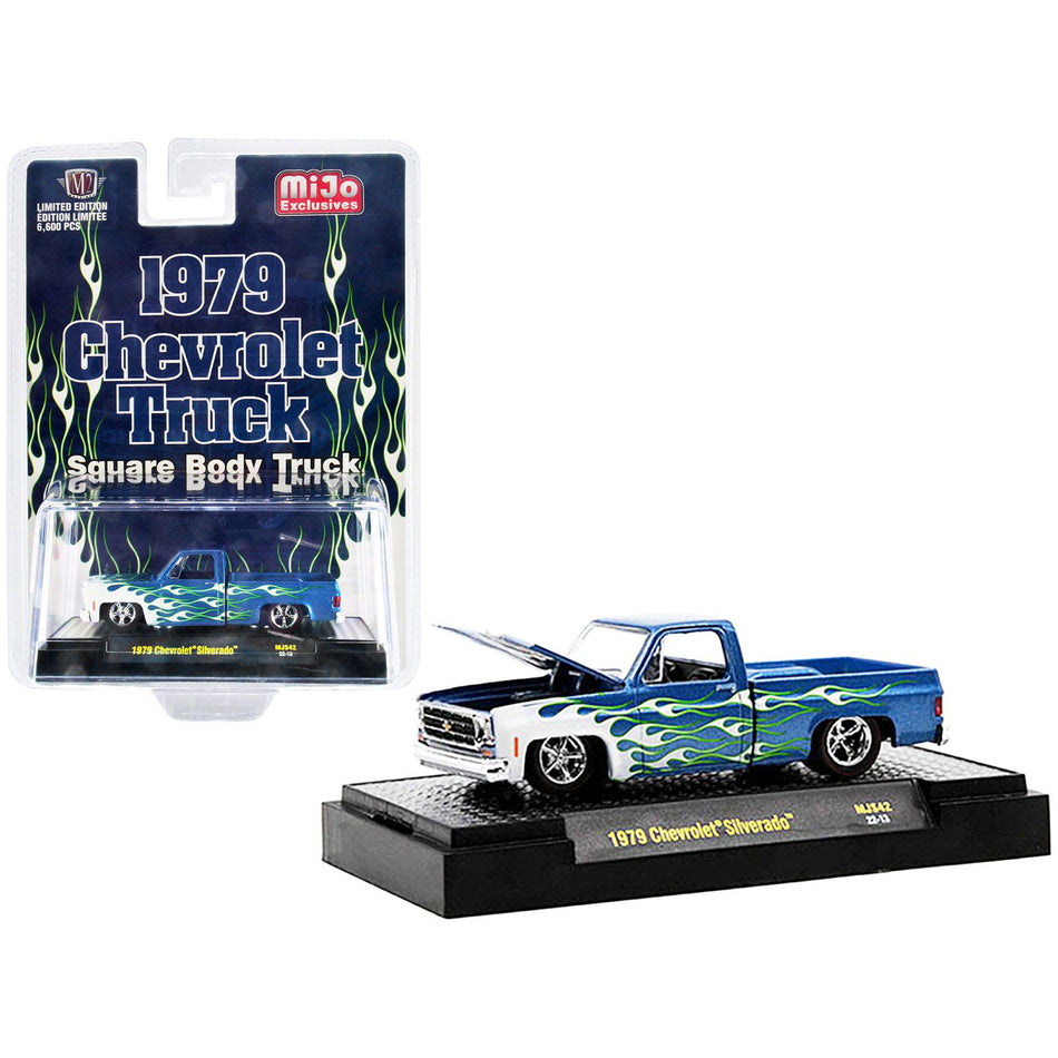 1979 Chevrolet Silverado Pickup Truck Blue with White Flames Limited Edition to 6600 pieces Worldwide 1/64 Diecast Model Car by M2 Machines