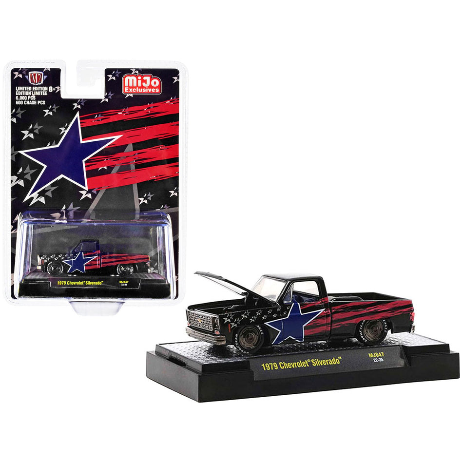 1979 Chevrolet Silverado Pickup Truck Black with Stars and Stripes Graphics Limited Edition to 6000 pieces Worldwide 1/64 Diecast Model Car by M2 Machines