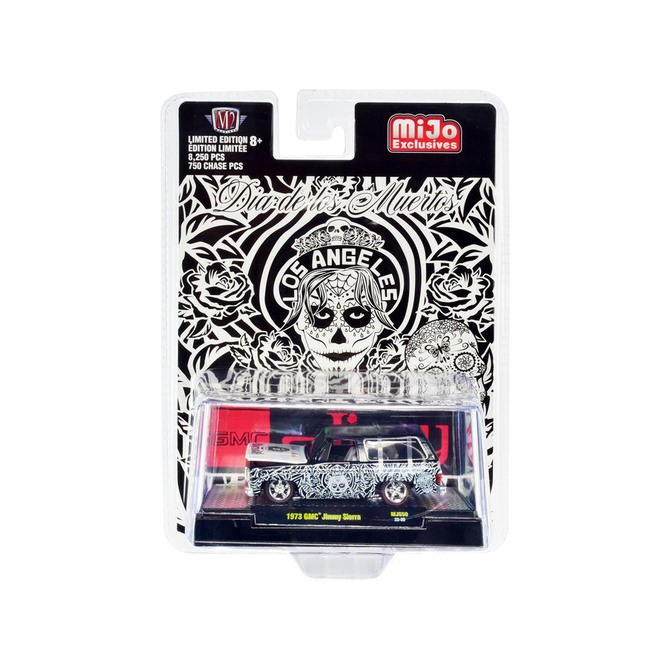 1973 GMC Jimmy Sierra Black with Graphics "Dia De Los Muertos - Los Angeles" (Day of the Dead) Limited Edition to 8250 pieces Worldwide 1/64 Diecast Model Car by M2 Machines