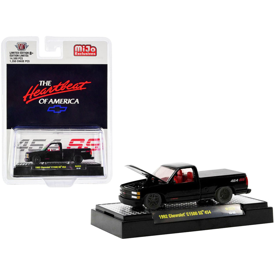 1992 Chevrolet C1500 SS 454 Pickup Truck Black with Red Interior "The Heartbeat of America" Limited Edition to 14580 pieces Worldwide 1/64 Diecast Model Car by M2 Machine