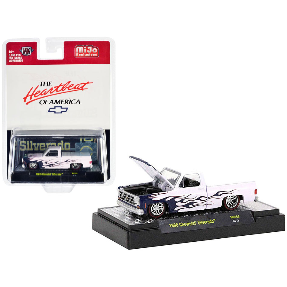 1980 Chevrolet Silverado Pickup Truck White with Blue Flames "The Heartbeat of America" Limited Edition to 6050 pieces Worldwide 1/64 Diecast Model Car by M2 Machines