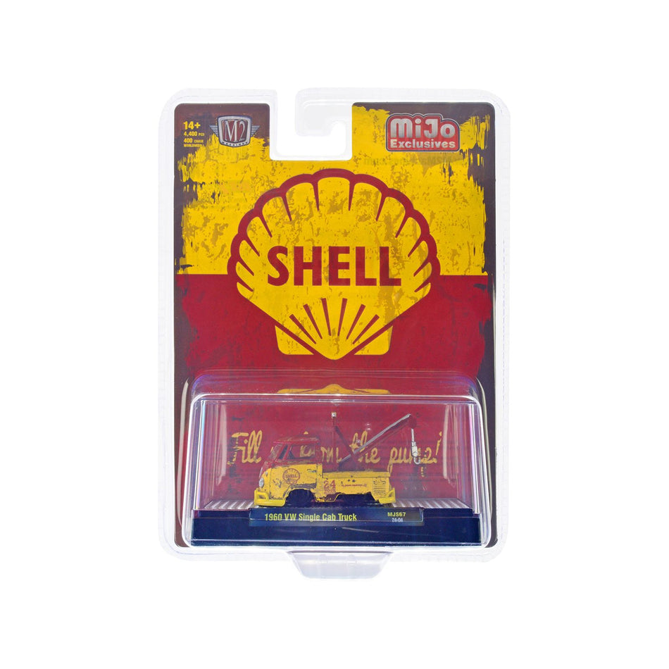 1960 Volkswagen Single Cab Tow Truck Yellow and Red (Weathered) "Shell Oil" Limited Edition to 4400 pieces Worldwide 1/64 Diecast Model by M2 Machines