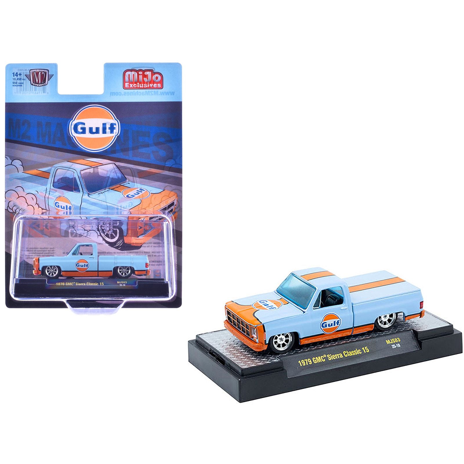 1979 GMC Sierra Classic 15 Pickup Truck "Gulf Oil" Light Blue with Orange Stripe Limited Edition to 10450 pieces Worldwide 1/64 Diecast Model Car by M2 Machines