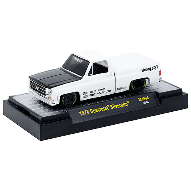 1978 Chevrolet Silverado Pickup Truck "Holley EFI" White with Black Hood Limited Edition to 10120 pieces Worldwide 1/64 Diecast Model Car by M2 Machines