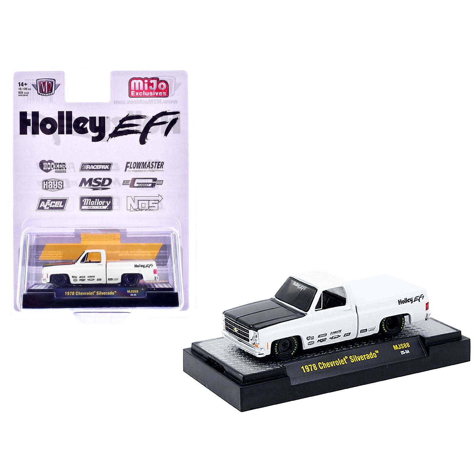 1978 Chevrolet Silverado Pickup Truck "Holley EFI" White with Black Hood Limited Edition to 10120 pieces Worldwide 1/64 Diecast Model Car by M2 Machines
