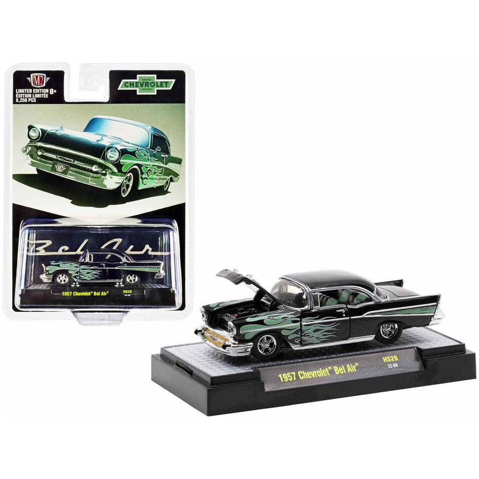 1957 Chevrolet Bel Air Black Metallic with Green Flames Limited Edition to 8250 pieces Worldwide 1/64 Diecast Model Car by M2 Machines