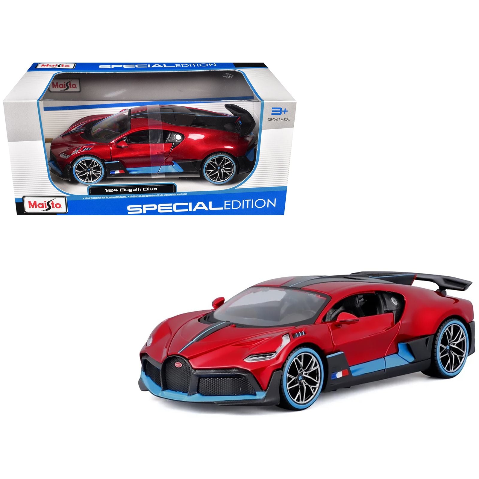 Bugatti Divo Red Metallic with Carbon and Blue Accents "Special Edition" 1/24 Diecast Model Car by Maisto