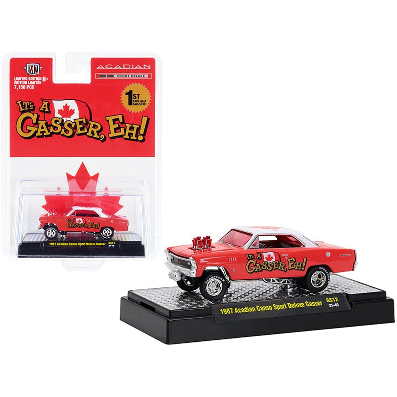 1967 Acadian Canso Sport Deluxe Gasser Red with White Top and Canadian Flag Graphics Limited Edition to 7150 pieces Worldwide 1/64 Diecast Model Car by M2 Machines