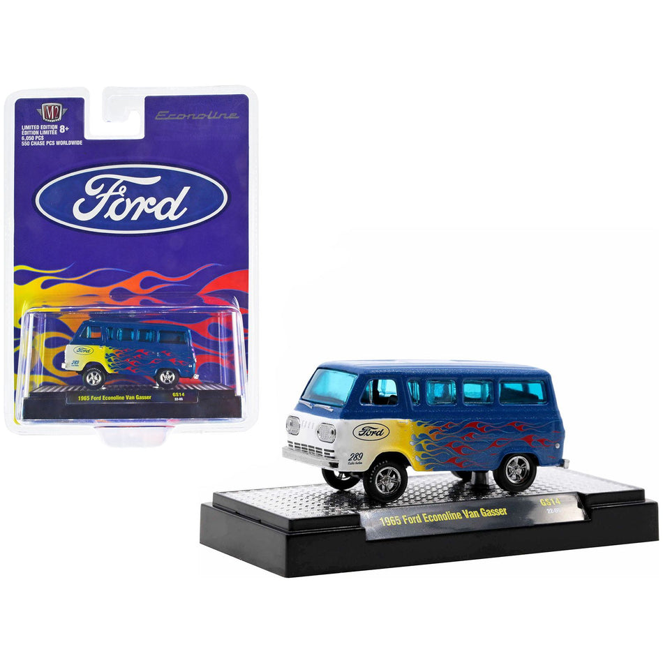 1965 Ford Econoline Van Gasser Blue Metallic with Flames Limited Edition to 6050 pieces Worldwide 1/64 Diecast Model Car by M2 Machines