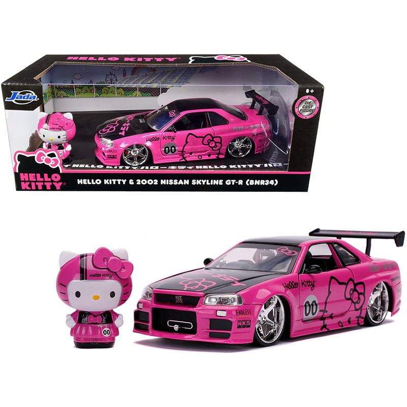 2002 Nissan Skyline GT-R (BNR34) RHD (Right Hand Drive) Pink Metallic and Black with Hello Kitty Diecast Figurine 1/24 Diecast Model Car by Jada