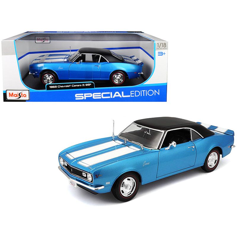 1968 Chevrolet Camaro Z/28 Coupe Blue Metallic with White Stripes and Black Top 1/18 Diecast Model Car by Maisto