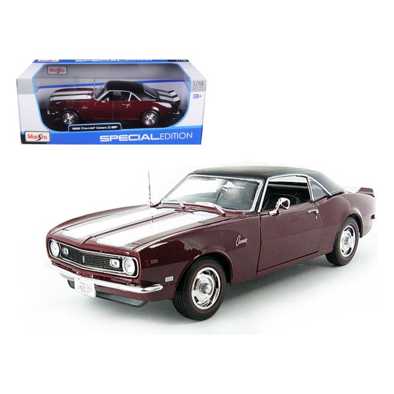 1968 Chevrolet Camaro Z/28 Coupe Maroon with Black Top and White Stripes 1/18 Diecast Model Car by Maisto