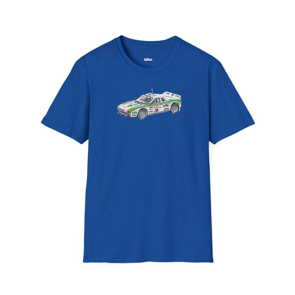 Lancia 037 Rally #18 Miki Biasion - Tiziano Siviero "Rallye Sanremo" (1983) - Cartoon Art  - Unisex T-Shirt