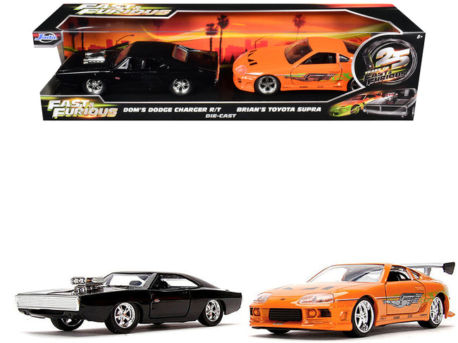Dom's Dodge Charger R/T Black and Brian's Toyota Supra Orange Set of 2 pieces "25 Years of Fast & Furious" Series 1/32 Diecast Model Cars by Jada