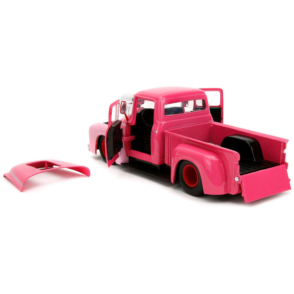 1956 Ford F-100 Pickup Truck Pink with Graphics and Franken Berry Diecast Figure "Franken Berry" "Hollywood Rides" Series 1/24 Diecast Model Car by Jada