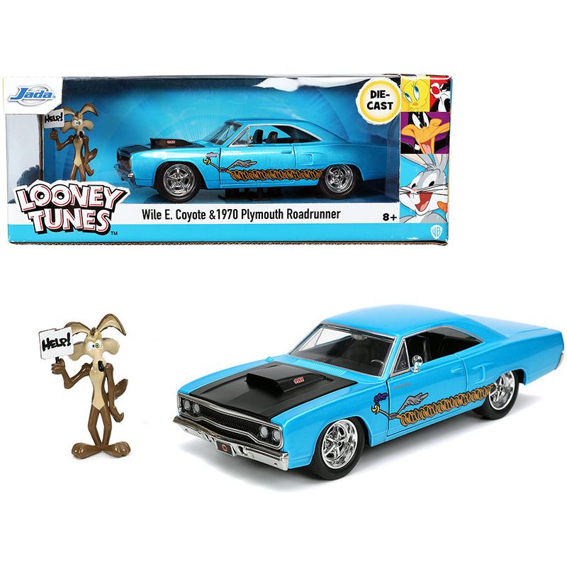 1970 Plymouth 440-6BBL RoadRunner Light Blue Metallic with Black Hood and Wile E. Coyote Diecast Figurine "Looney Tunes" 1/24 Diecast Model Car by Jada